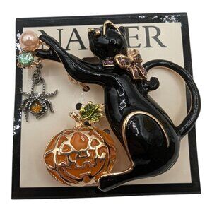 Napier Halloween Brooch Black Cat With Pumpkin & Spider Design Gold Tone Enamel